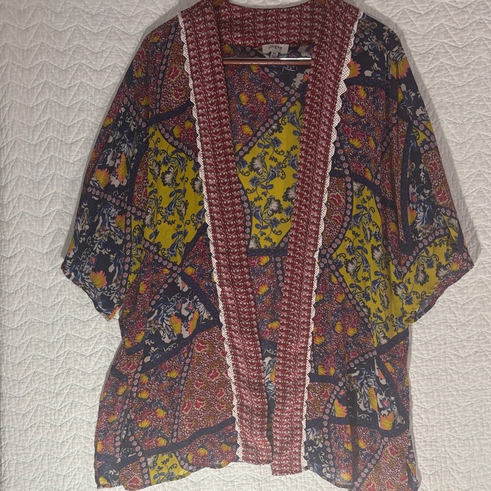 Umgee Boho Patchwork kimono in Yellow, Navy, Burgundy